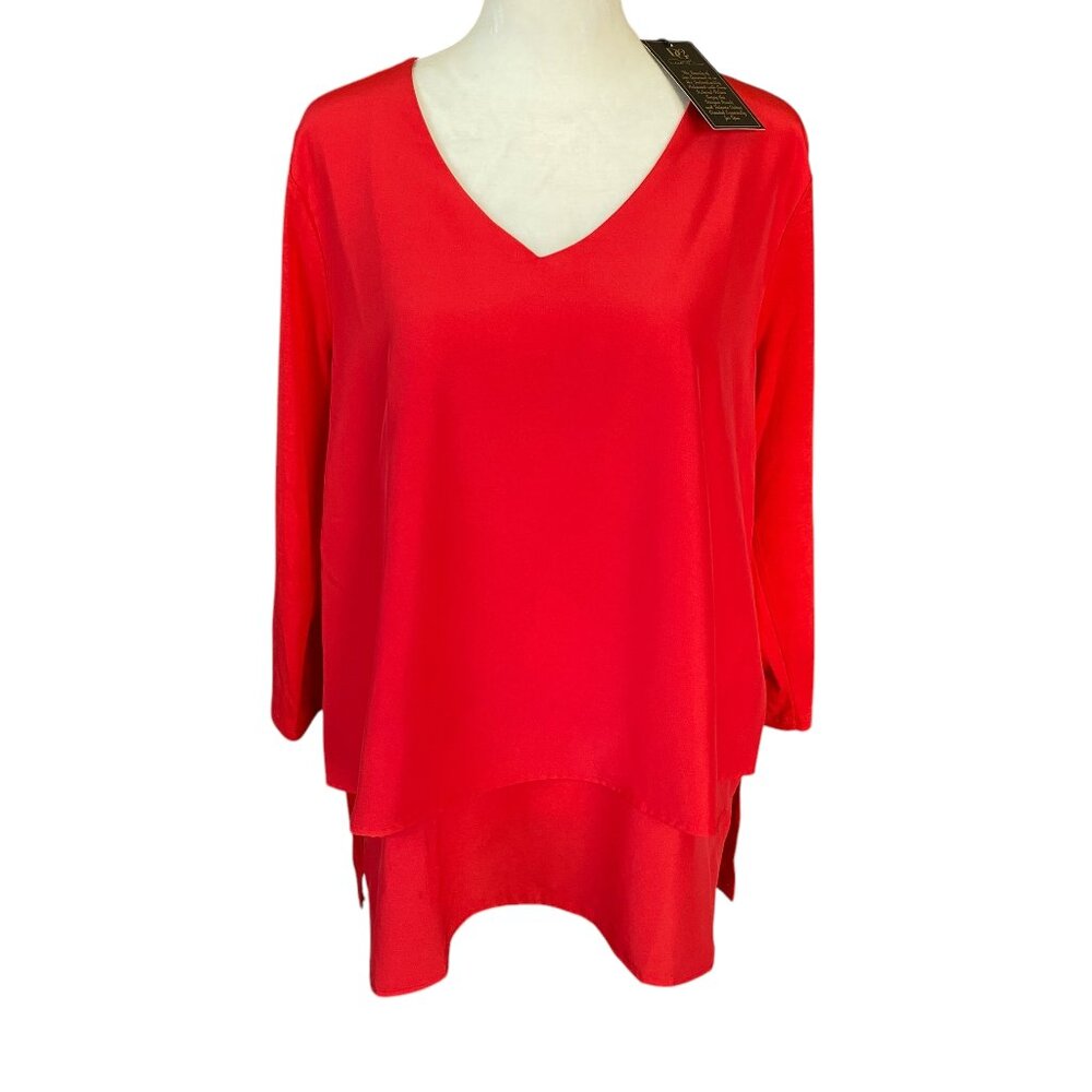 DG2 by Diane Gilman bright red long sleeve layered pullover v-neck blouse size M